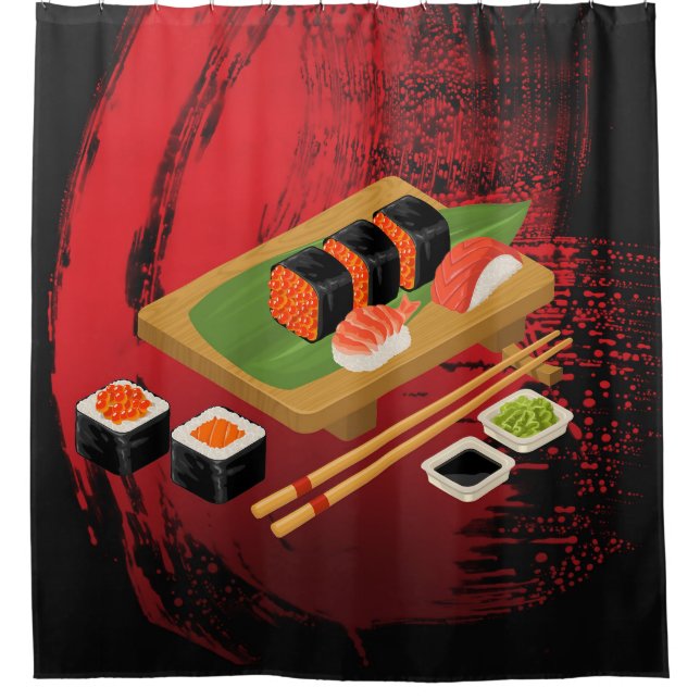 Chic Modern Elegant Black & Red Sushi Duschvorhang (Vorderseite)