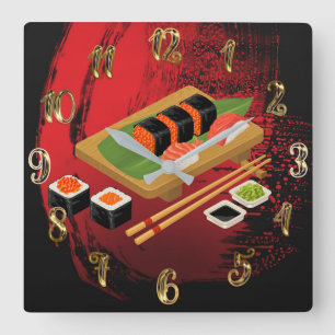 Chic Modern Elegant Black & Red Sushi Quadratische Wanduhr