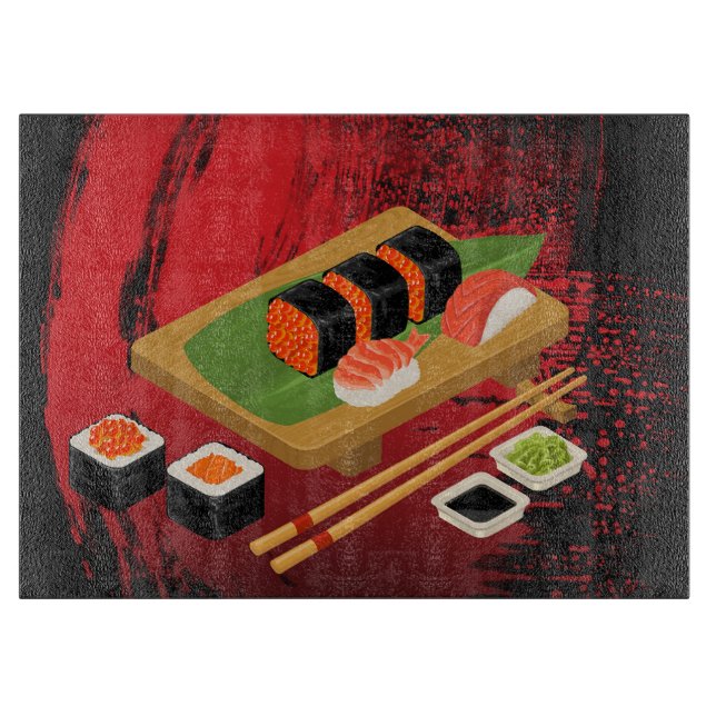 Chic Modern Elegant Black & Red Sushi Schneidebrett (Vorderseite)