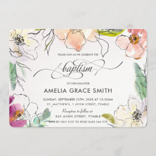 Chic Modern Elegant Watercolor Floral Taufe Einladung