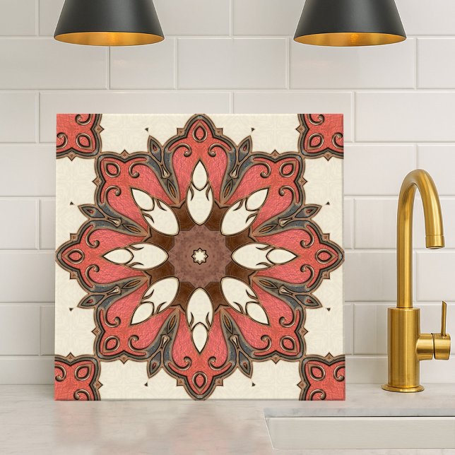 Chic Modern Floral Geometric Design Tile Fliese (Metallic design tile featuring a geometric floral pattern inspired by Italian Mediterranean art)
