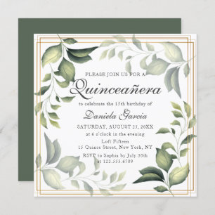 Chic Modern Floral Greenery Botanical Quiceanera Einladung