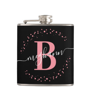 Chic Modern Girly Pink Black Name Script Monogram  Flachmann