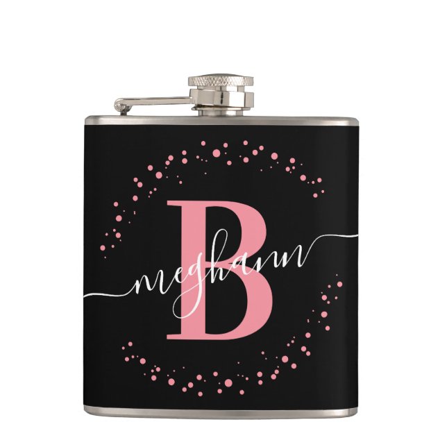 Chic Modern Girly Pink Black Name Script Monogram Flachmann (Vorderseite)