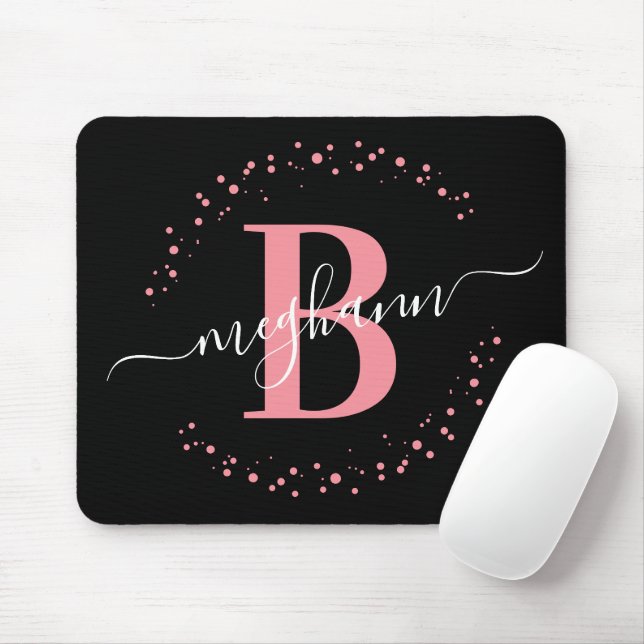 Chic Modern Girly Pink Black Name Script Monogram  Mousepad (Mit Mouse)