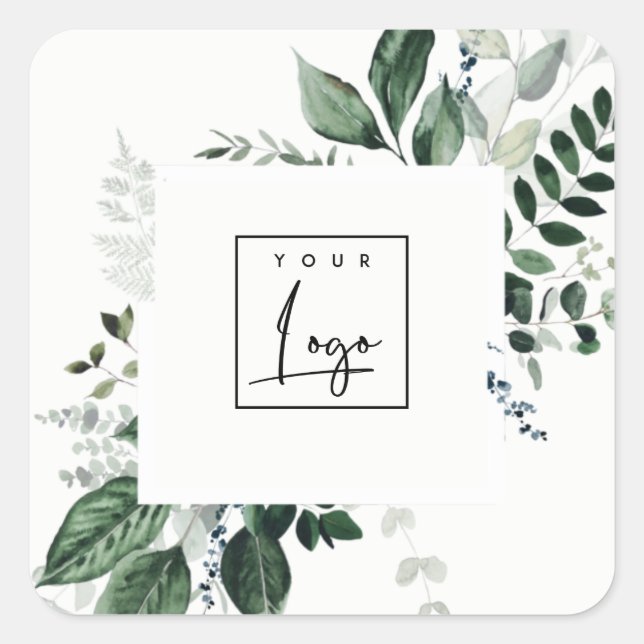 Chic Modern Green Leafy Tropical Foliage Fern Logo Quadratischer Aufkleber (Vorderseite)