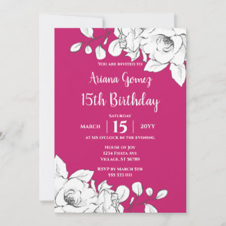 Chic Modern Magenta White Floral 15. Geburtstag Einladung