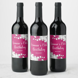 Chic Modern Magenta White Floral 15. Geburtstag Weinetikett