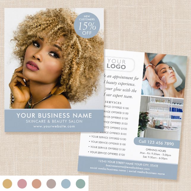 Chic Modern Makeup Beauty Salon Blue Business Flyer (Von Creator hochgeladen)