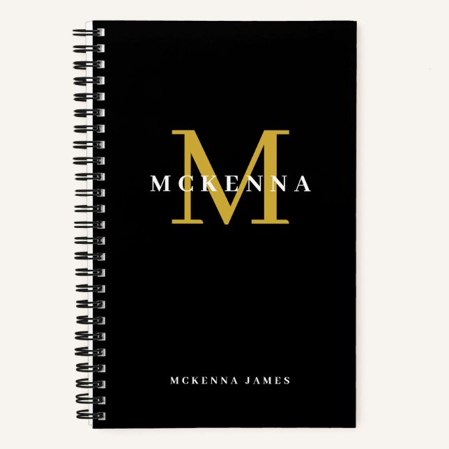Chic Modern Monogram Black Gold Erstname Notizbuch (Vorderseite)