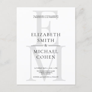Chic Modern Monogram Initial Schwarz-weiß Wedding Einladungspostkarte