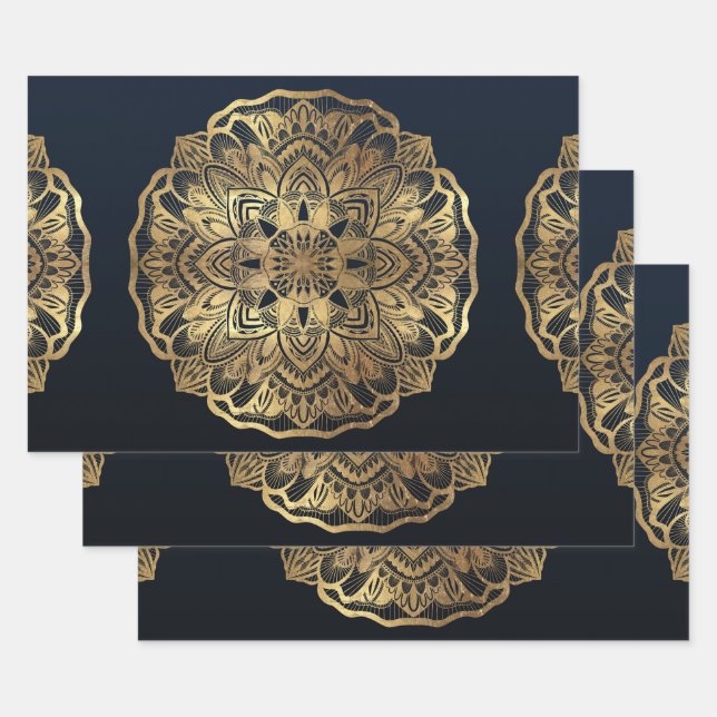 Chic Modern Navy Blue Gold Mandala Geschenkpapier Set (Set)