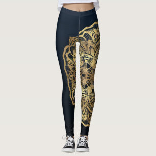Chic Modern Navy Blue Gold Mandala Leggings