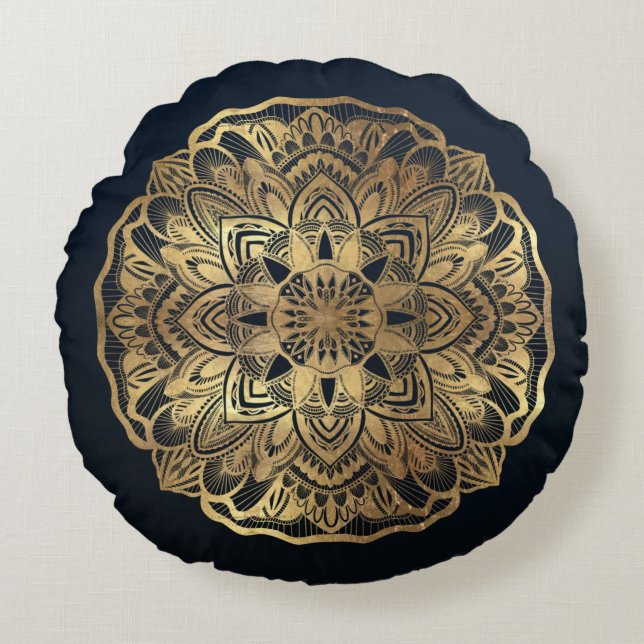 Chic Modern Navy Blue Gold Mandala Rundes Kissen (Vorderseite)