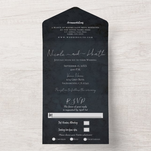 Chic Modern Navy Blue Texture Wedding Foto All In One Einladung (Innen Boden)