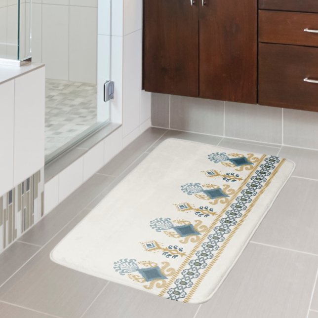 Chic Modern Neutral Aquamarin Blue Ikat Tribal Mus Badematte (Von Creator hochgeladen)