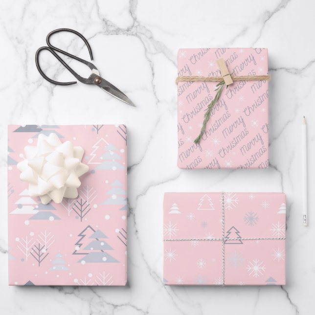 Chic Modern Pink Minimalistisch Scandi Weihnachten Geschenkpapier Set (Vorderseite)