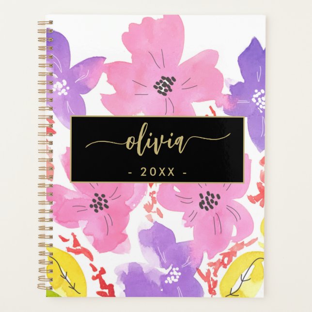 Chic Modern Pink Watercolor Floral 2025 Planer (Vorderseite)