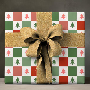 Chic Modern Red Green Checkerboard Weihnachtsbaum Geschenkpapier