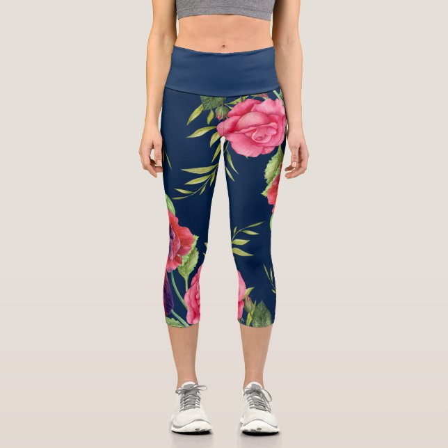 Chic Modern Red Pink Blume auf Dunklen Navy Leggin Capri Leggings (Vorderseite)