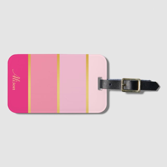 Chic Modern rosa Streifen Gold Name Gepäckanhänger (Vorderseite (Horizontal))