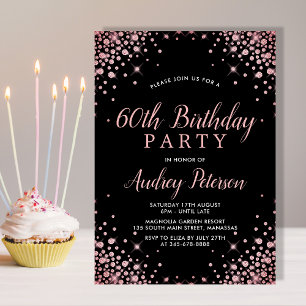Chic Modern Rose Gold Glitzer Black 60. Geburtstag Einladung