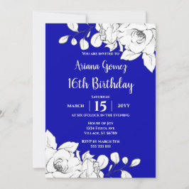Chic Modern Royal Blue White Floral 16. Geburtstag Einladung