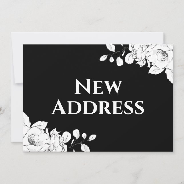 Chic Modern Schwarz-weiß Floral New Address Ankündigung (Vorderseite)