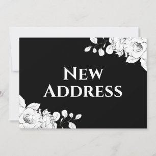 Chic Modern Schwarz-weiß Floral New Address Ankündigung