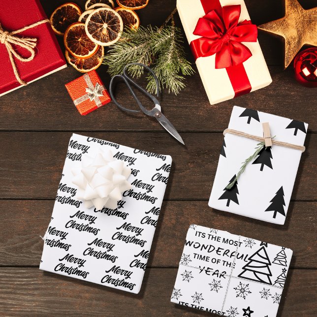 Chic Modern Schwarz-weiß fröhliches Weihnachtsgesc Geschenkpapier Set (Von Creator hochgeladen)