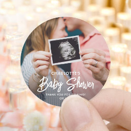 Chic Modern Script & Foto Baby Dusche Vielen Dank Runder Aufkleber