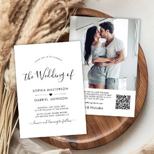 Chic Modern Script Heart QR Code Foto Hochzeit Einladung