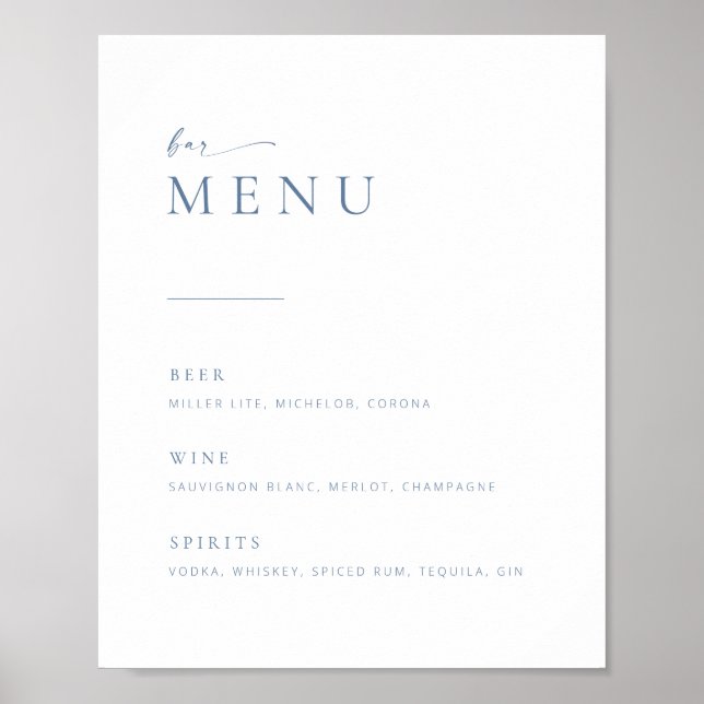 Chic + Modern Script Wedding Bar Menu Sign | Blau Poster (Vorne)