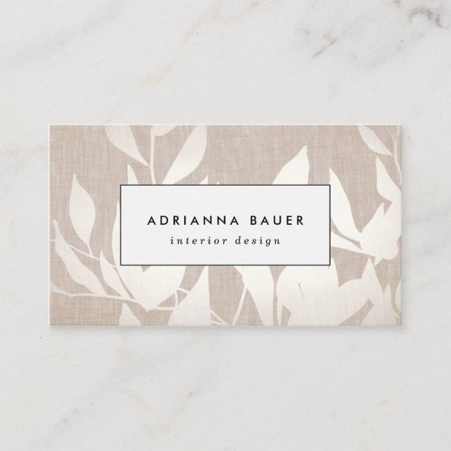 Chic Modern Silver Blätter Nature Tan Linen Ausseh Visitenkarte (Vorderseite)