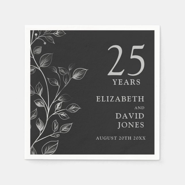Chic Modern Silver Floral 25. Hochzeitstag Serviette (Vorderseite)