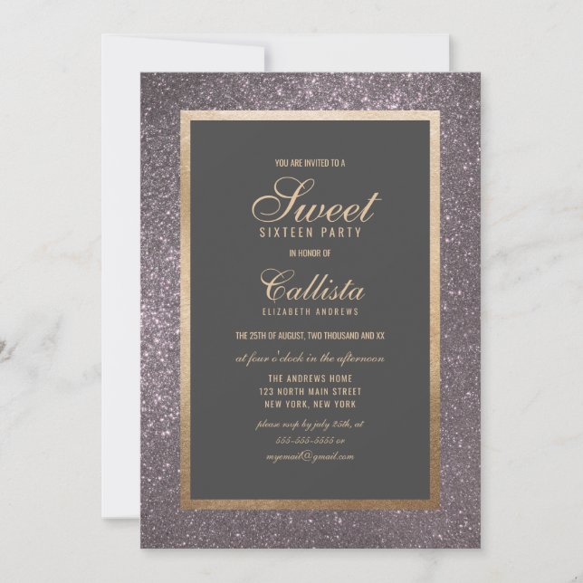Chic Modern Silver Glitzer dick Border Sweet 16 Einladung (Vorderseite)
