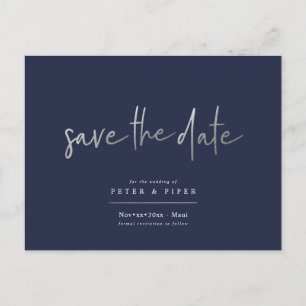 Chic+Modern Silver Signature Script, Save the Date Postkarte