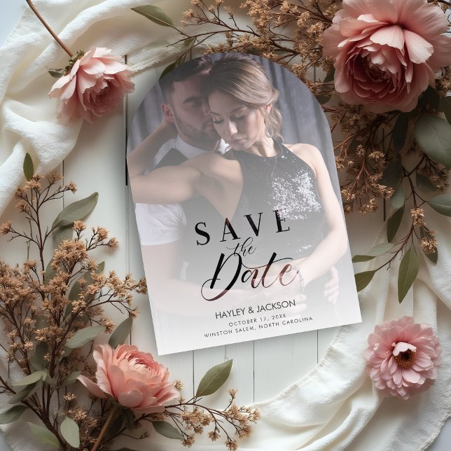 Chic Modern Transparency Wedding Photo Script Acryleinladungen (Chic Modern Transparency Wedding Custom Photo Script Save the Date Acrylic Cards.)