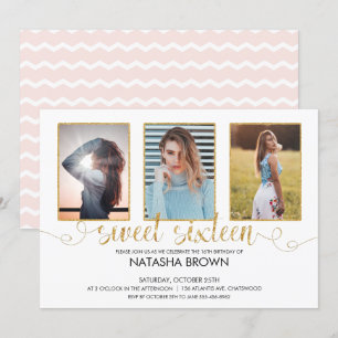 Chic Modern Typografie Sweet 16 Gold Party Foto Einladung