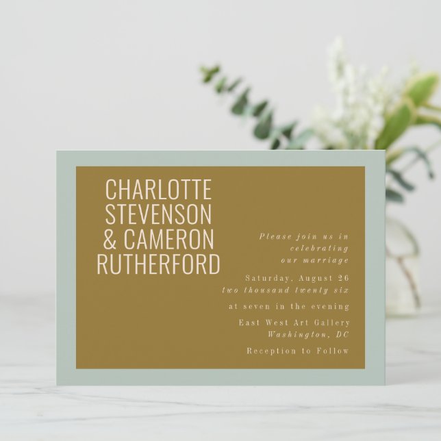 Chic Modern Typografy Blue and Olive Wedding Einladung (Stehend Vorderseite)