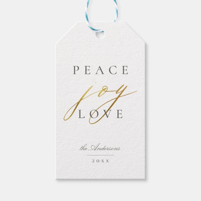 Chic Modern Typografy Peace Joy Liebe Holiday Geschenkanhänger (Vorderseite)