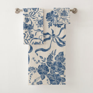 Chic Modern Vintag Ivory Navy Blue Floral Muster Badhandtuch Set