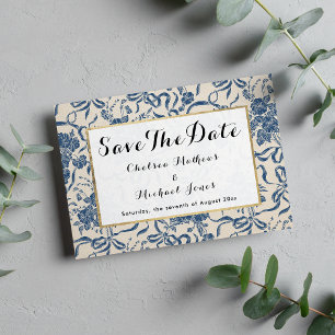 Chic Modern Vintag Ivory Navy Blue Floral Muster Save The Date