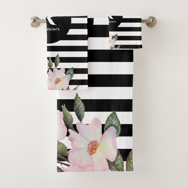 Chic Modern Watercolor Pink Roses Stripes Monogram Badhandtuch Set (Insitu)