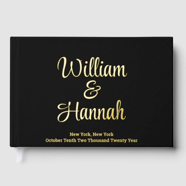 Chic Modern Wedding Black mit Gold Foil Hardcover Gästebuch (Vorderseite)