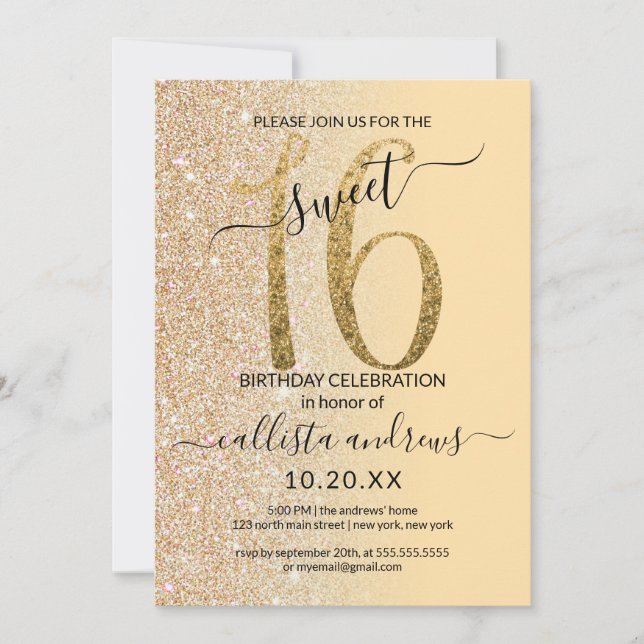 Chic Modern Yellow Gold Glitzer Ombre Sweet 16 Einladung (Vorderseite)