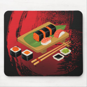 Chic Moderne Elegante Schwarze & Rote Sushi Mousepad