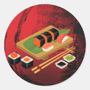 Chic moderne elegante schwarze und rote Sushi-Part Runder Aufkleber