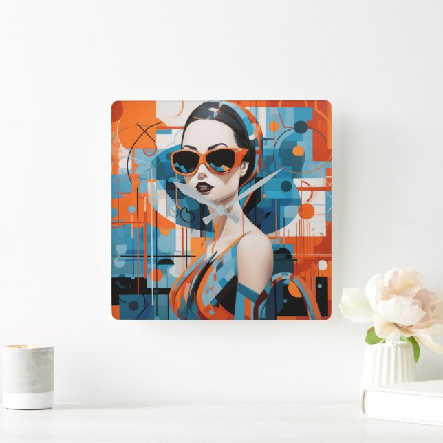 Chic moderne Frau, geometrische Eleganz Quadratische Wanduhr (Zuhause)