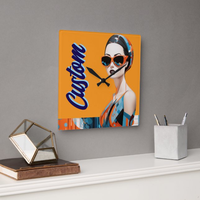 Chic moderne Frau, geometrische Eleganz Quadratische Wanduhr (Büro)